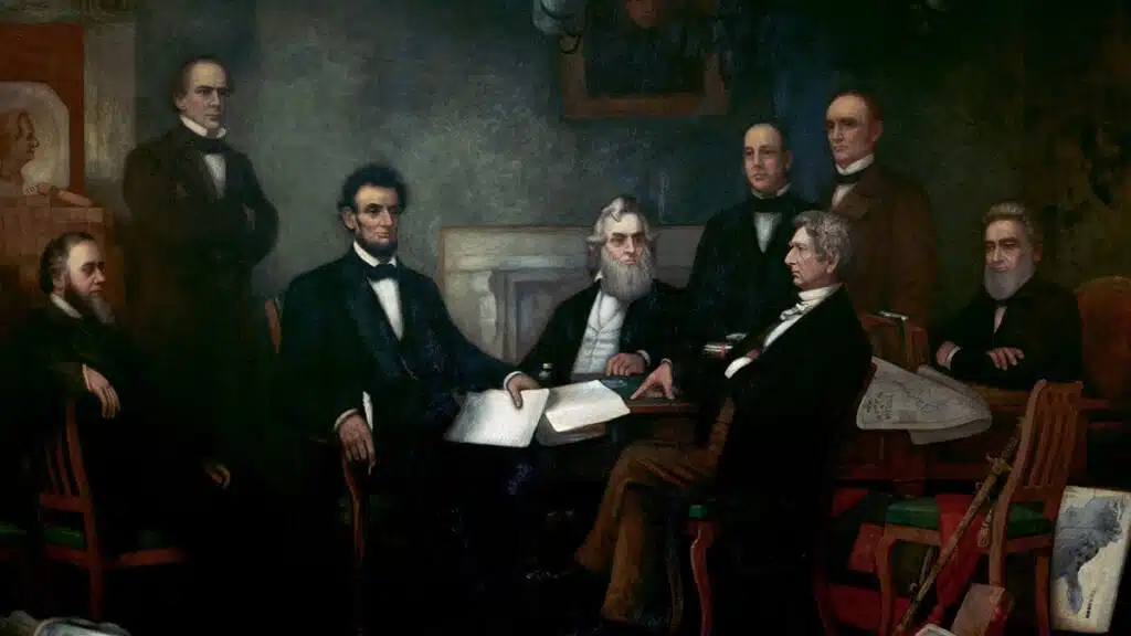 A painting of Abraham Lincoln signing the Emancipation Proclamation