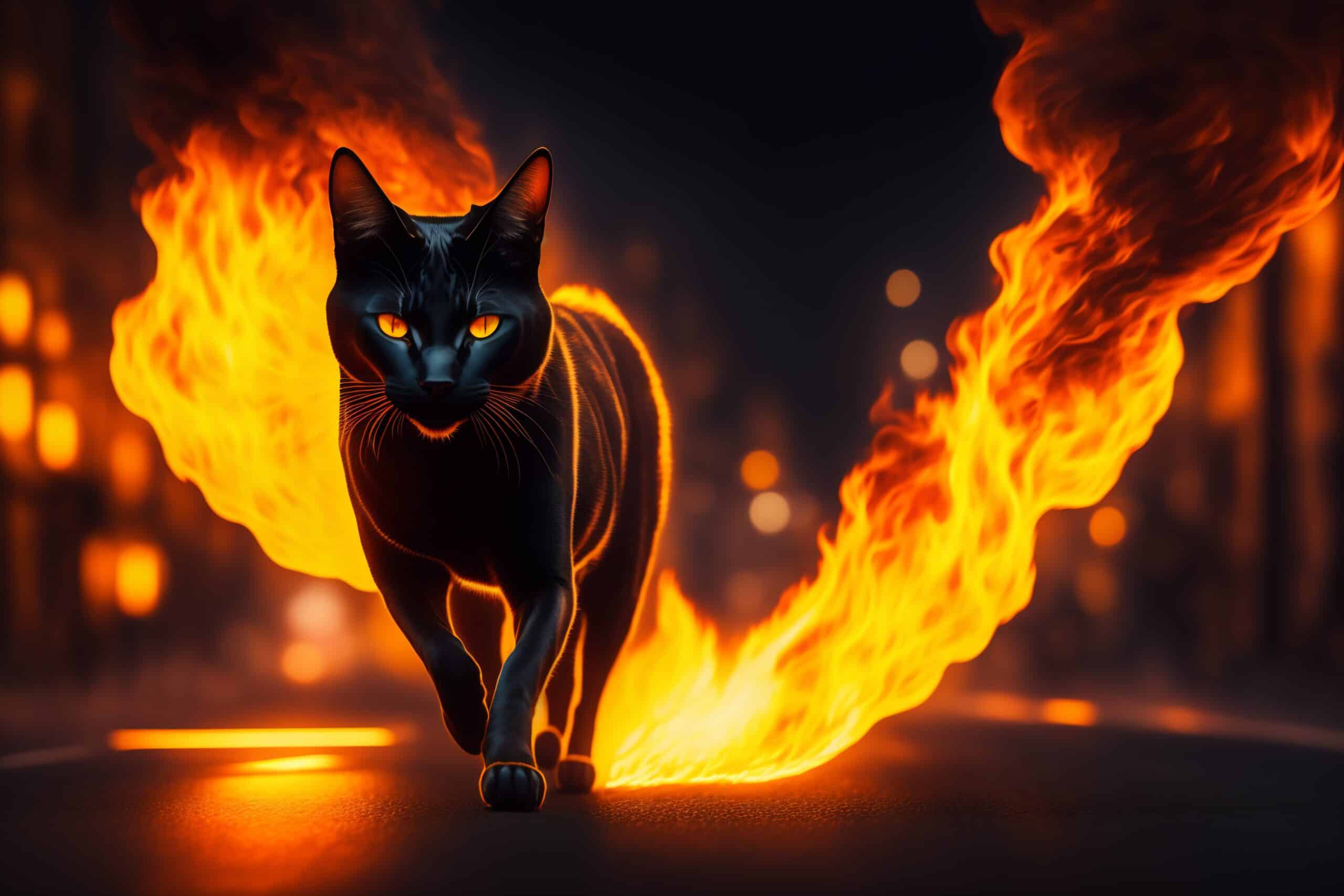 7xm.xyz_407743 A mysterious cat with glowing eyes gracefully walks on a bed of fiery flames, exuding an aura of enchantment and danger.
superstitions
witchcraft
