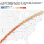United states map showing the path of the 2024 solar eclipse and specific regions of what the eclipse duration will be.
