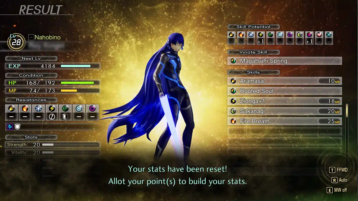 Image of the player character and Nahobino's stat page in Shin Megami Tensei V