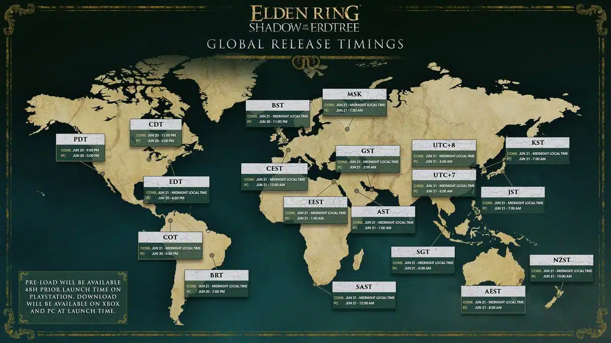 A graphic shows the release times around the world for Elden Ring Shadow of the Erdtree DLC.