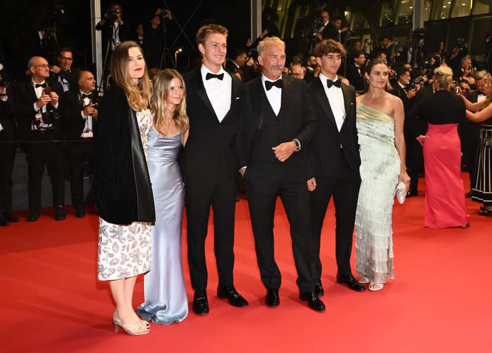 Lily Costner, Grace Avery Costner, Cayden Wyatt Costner, Kevin Costner, Hayes Logan Costner and Annie Costner after the premiere of "Horizon: An American Saga" during the 77th Cannes Film Festival held at the Palais des Festivals on May 19, 2024 in Cannes, France. (Photo by Michael Buckner/Variety via Getty Images)